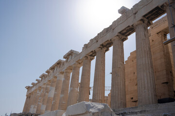 Parthenon on the Acropolis of Athens in Greece, view of the columns and capitals daytime scene