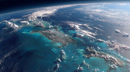 Stunning view of the Bahamas islands from space turquoise waters white clouds blue ocean