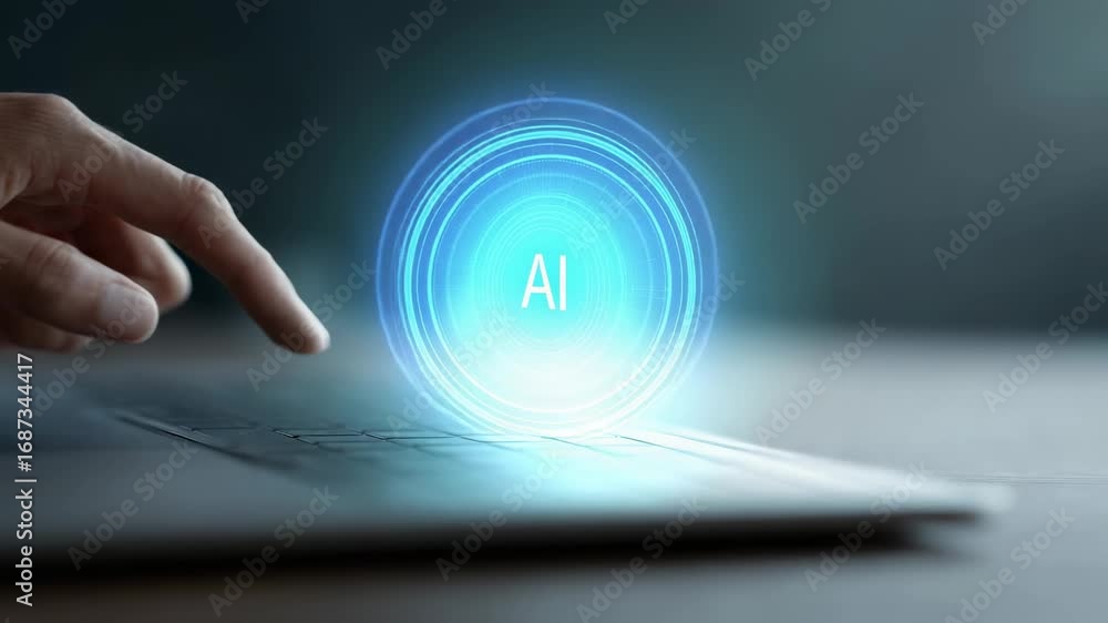 Poster businessman touching a holographic ai button on a laptop, activating artificial intelligence, in a s