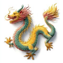 A green and yellow dragon with red markings on its tail