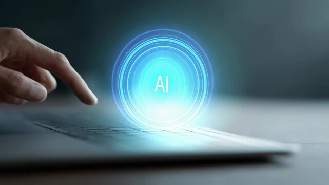 Businessman touching a holographic ai button on a laptop, activating artificial intelligence, in a sequence of frames depicting the interaction