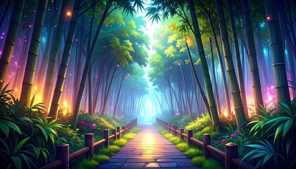 A vibrant, magical bamboo forest path