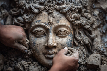  Artisan sculpting Durga idol in clay, raw and powerful visual with storytelling atmosphere and blank space.
