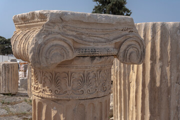 Detail of the remains of a Doric-style Greek column from the Acropolis of Athens, Greece