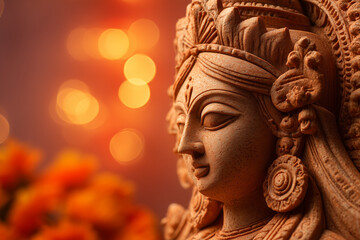 Studio-lit Shola Durga idol with soft marigold blur and clean side space for festive branding.
