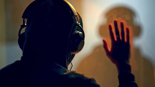 Medium shot of soundproof booth window highlighting interpreters silhouette focus on headset microphone subtle blur on control room behind glass.