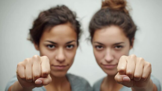 Twin sisters standing with raised fists, symbolizing solidarity, women's rights, and resistance against immigration raids and civil unrest on clean white background