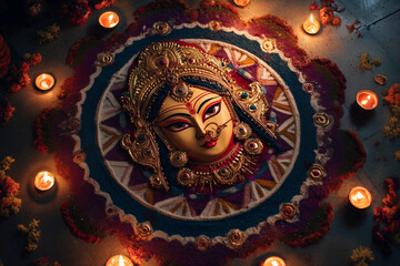  Overhead Durga shringar setup with rangoli and candles, arranged with central space for branding or message.
