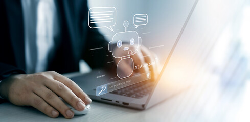 Interaction with AI assistant concept with chatbot icon, digital brain network. Modern technology,...