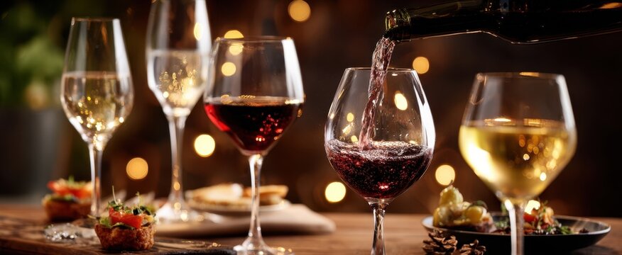The elegant wine pour amidst festive celebration with delicious appetizers.