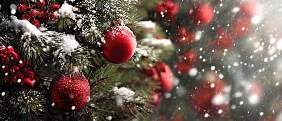 The Christmas tree adorned with red ornaments and snowflakes in the winter scene.