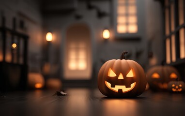 Fototapeta premium A pumpkin with a smiley face on it is sitting on a wooden floor