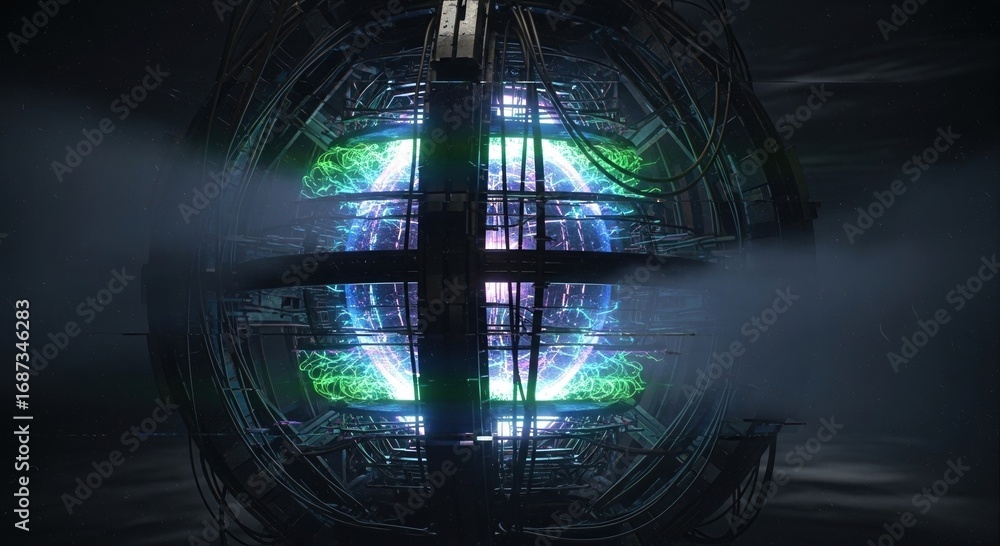 Poster a futuristic, glowing orb within an advanced technological structure, emitting vibrant energy and su