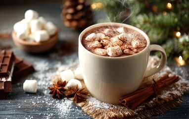 A white mug of hot chocolate with marshmallows and cinnamon sticks