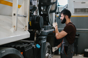 Mechanic repairing truck engine in garage using wrench