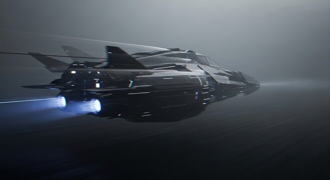 A futuristic spacecraft flying swiftly through space with a trail of bright lights. Its sleek design and powerful engines create a sense of speed and innovation.
