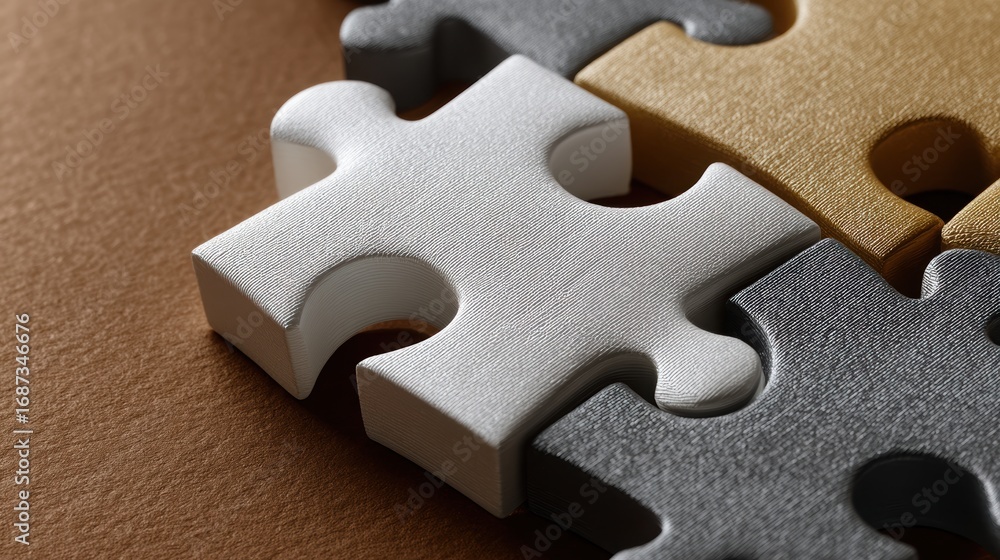 Poster close-up of metallic puzzle pieces on a textured surface, symbolizing connection and problem-solving