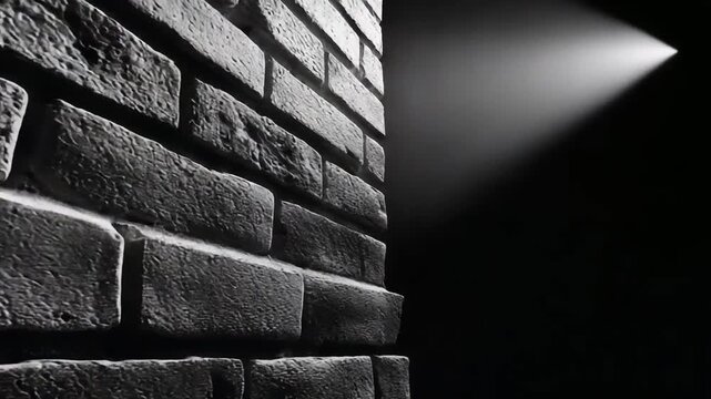 A brick wall illuminated by a single spotlight from the right in a dark room.