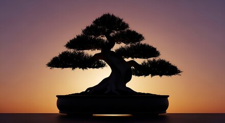Silhouette of a tranquil bonsai tree against a sunset's warm glow, a symbol of nature's enduring beauty
