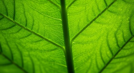 Detailed close-up of a vibrant green leaf, showcasing its intricate veins and delicate texture in stunning clarity