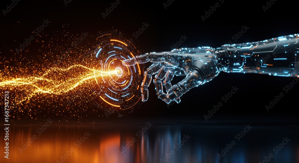 Aufkleber a futuristic robotic hand touches an interface with bright glowing particles and circuits on a dark 