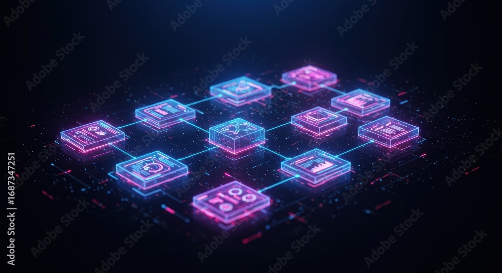 Aufkleber an interconnected network of glowing digital nodes presents data and analytics in a futuristic tech 