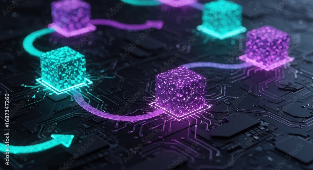 Poster interconnected glowing cubes representing a blockchain network are displayed on a dark circuit board