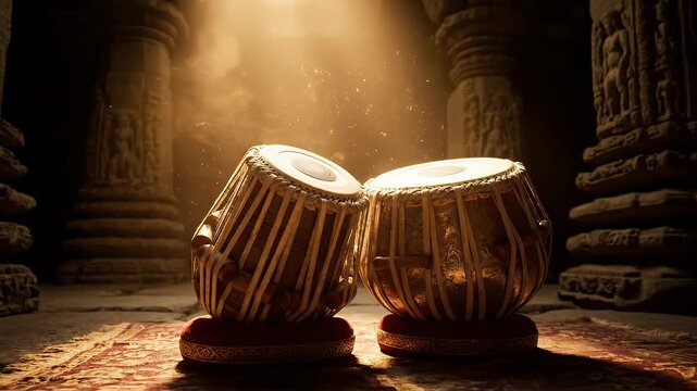 Traditional Indian tabla drums on an ornate rug, bathed in ethereal golden light within an ancient temple's pillars, evoking a spiritual cultural mood.