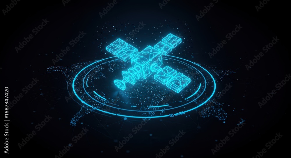 Poster a glowing blue wireframe satellite orbits above a world map projection, symbolizing global communica