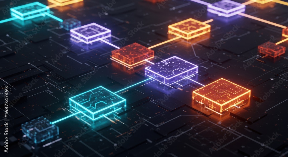 Poster an abstract representation of blockchain technology is illustrated by interconnected glowing nodes o