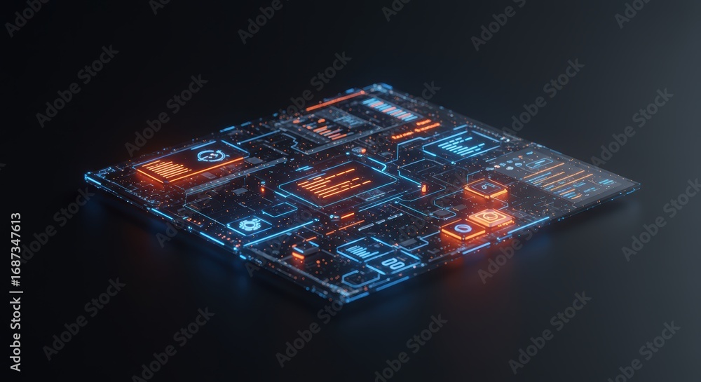 Poster an intricately designed futuristic interface with glowing neon blue and orange elements displays com