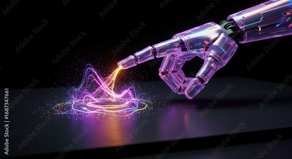 Poster a futuristic robot hand touches a digital surface, creating vibrant waves of light and color against