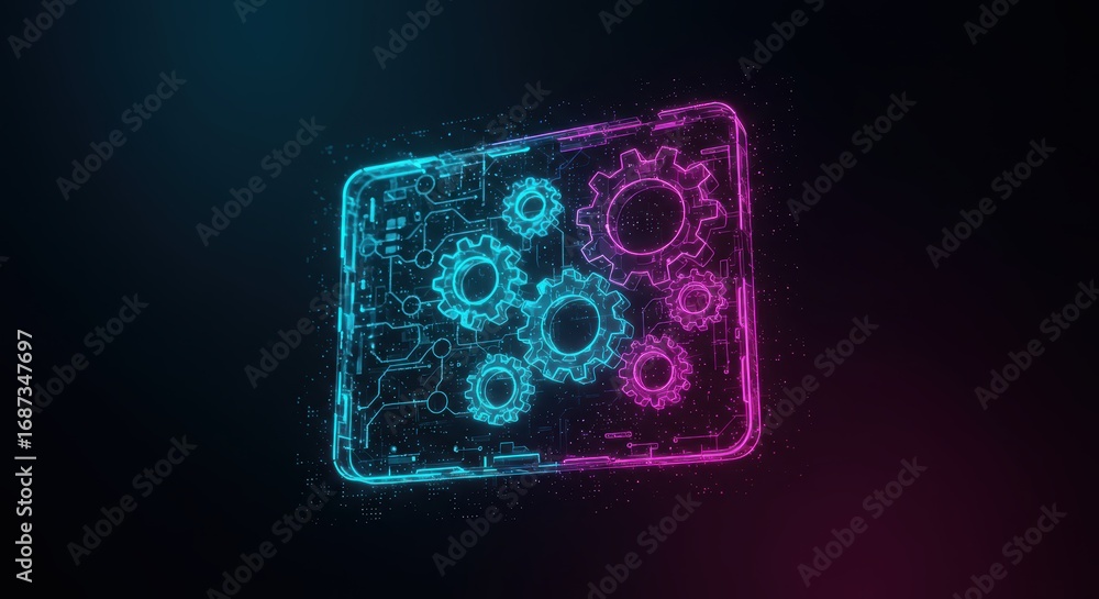 Aufkleber a futuristic glowing device displays rotating gears and intricate circuit patterns with a neon blue 