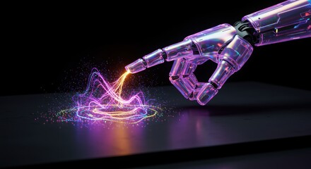 A futuristic robot hand touches a digital surface, creating vibrant waves of light and color against a dark background, symbolizing innovation and technology.