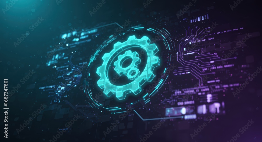 Aufkleber glowing gears are centrally located within a circular hud interface, appea futuristic and technologi
