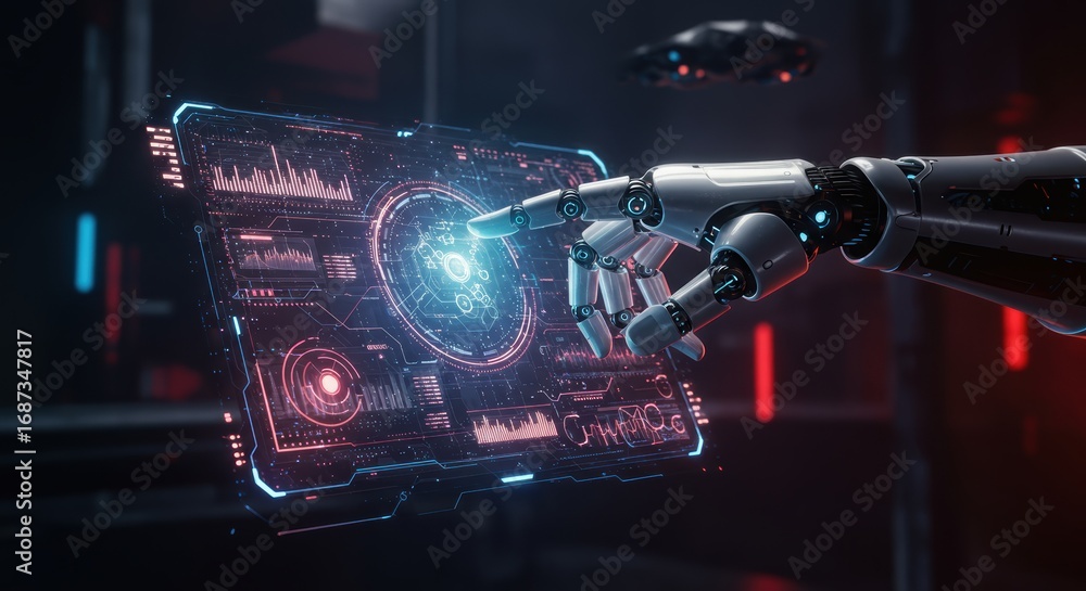 Aufkleber a robotic hand interacts with a futuristic holographic display showing data and information in a dar