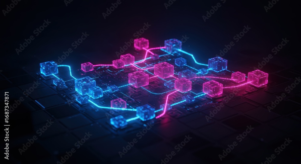 Poster an abstract network is illustrated with glowing neon nodes of pink and blue connected by bright line