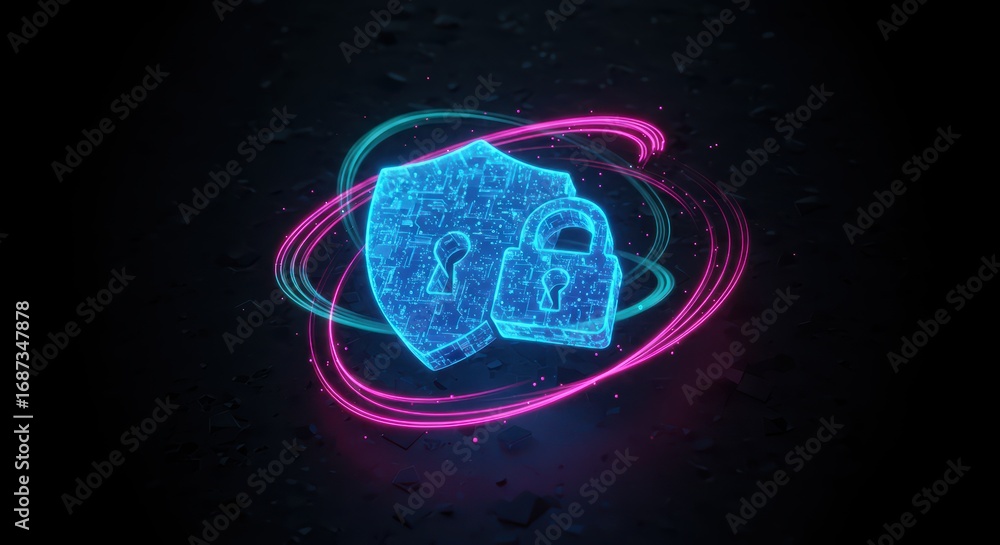 Aufkleber digital shield and padlock glowing with vibrant energy swirls representing data protection and cyber
