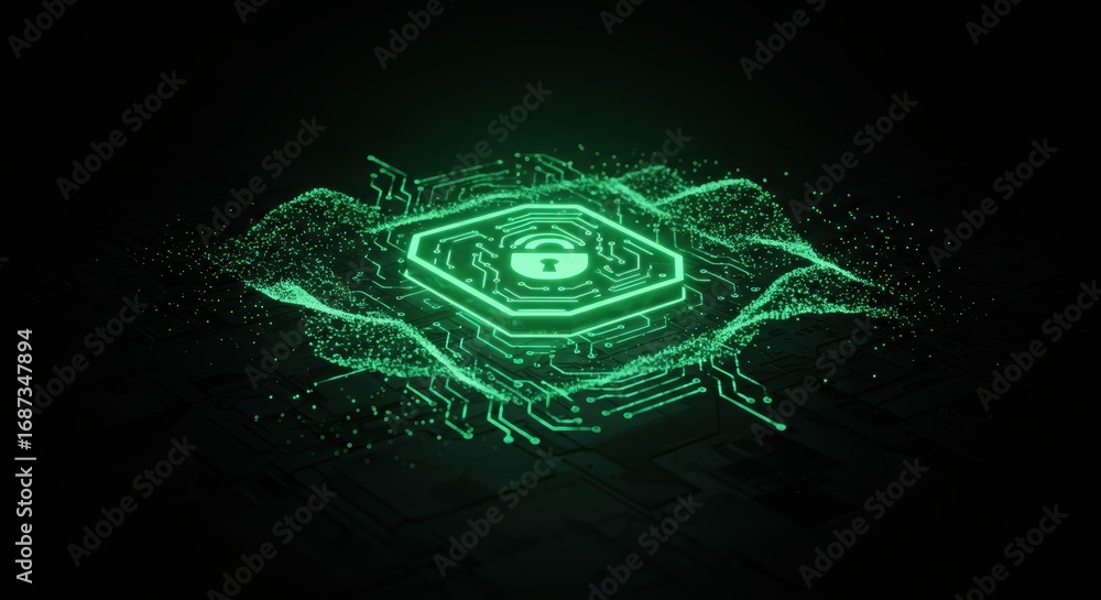 Aufkleber digital security illustration displays a glowing padlock symbol embedded in a circuit board with flo