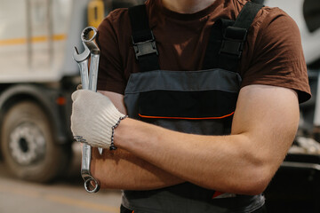 Mechanic holding wrenches and preparing to repair truck in garage