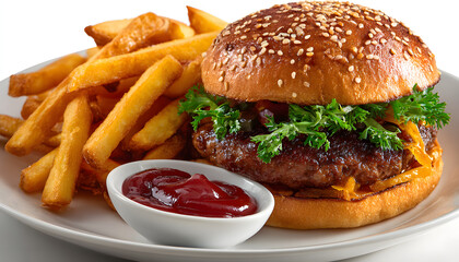 delicious burger with fries and ketchup on a white pate isolated on transparen cutout background