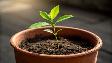Sprouting Hope – Young Green Plant in Terracotta Pot with Soil, Growth, Nature, Sustainability, Minimalist, Botanical, Fresh Start