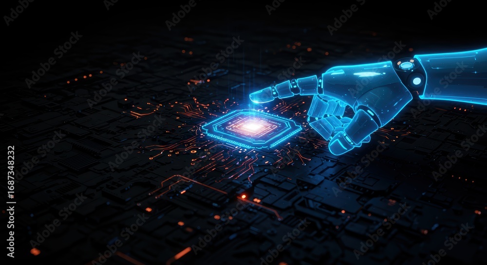Aufkleber a translucent robotic hand touches a glowing processor chip on a dark circuit board, visualizing art