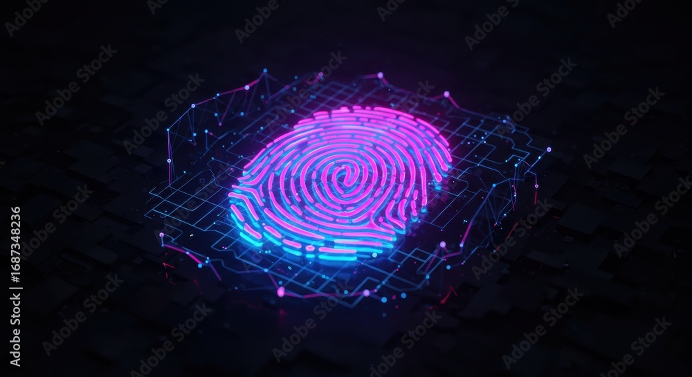 Poster glowing fingerprint scan with network connection nodes represents biometric identification and cyber
