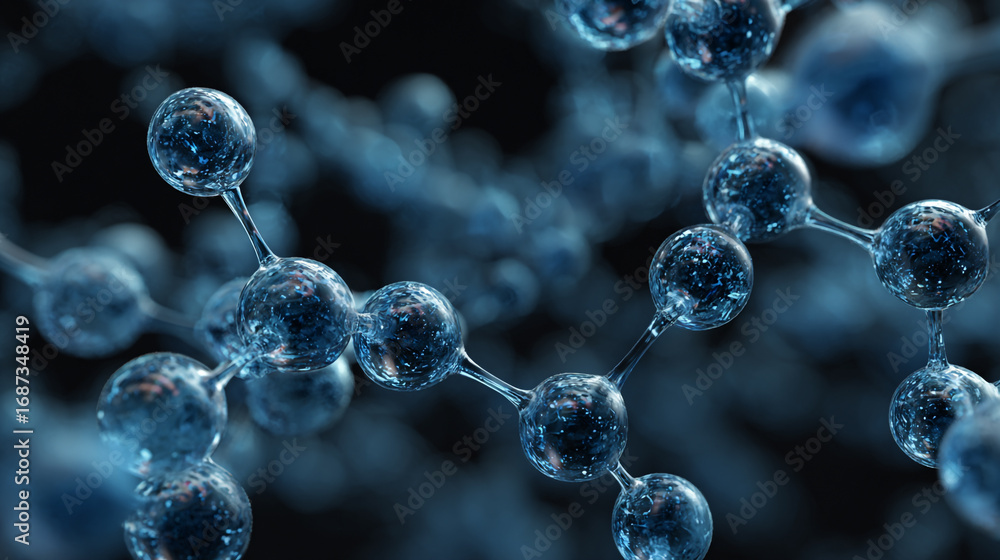 Poster microscopic view of molecules interconnected forming a complex structure