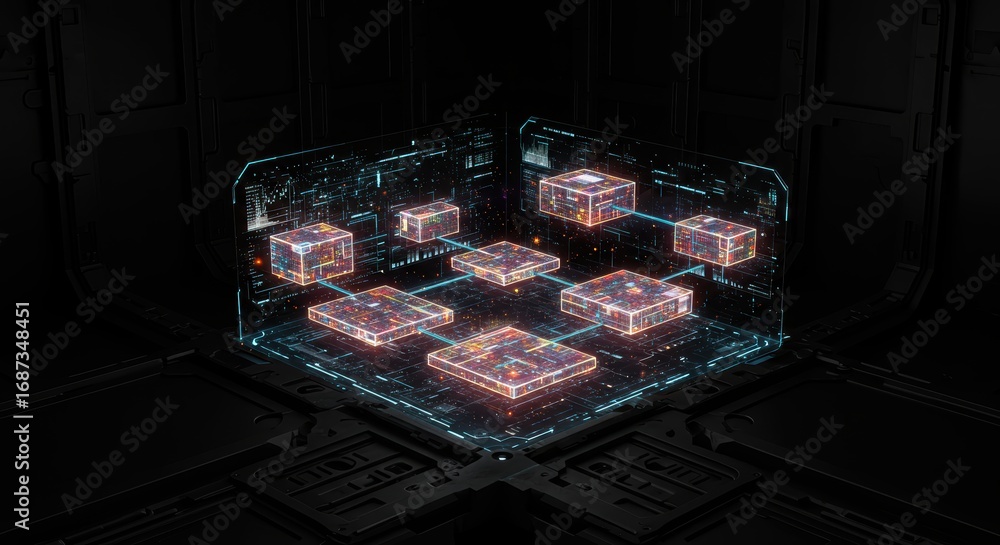 Aufkleber an advanced holographic display shows interconnected data cubes floating above a futuristic platform