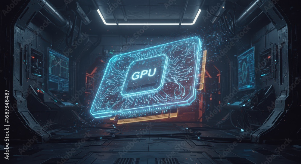 Aufkleber a holographic gpu floats in a futuristic server room surrounded by advanced technology showcasing hi