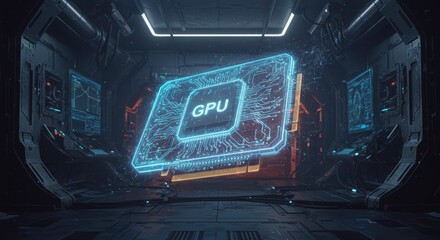 A holographic GPU floats in a futuristic server room surrounded by advanced technology showcasing high performance computing and artificial ligence research.