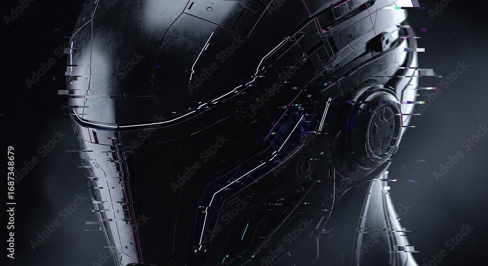 Poster intricate robot head in metallic design with a dark backdrop. it's a symbol of the future of technol