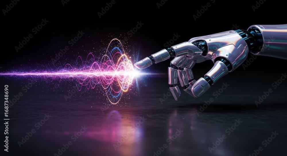 Aufkleber a metallic robotic hand touches an energy source generating abstract waves of light and power, symbo